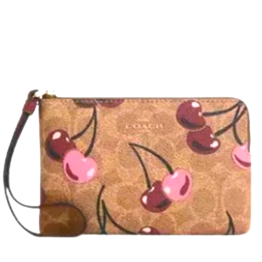 Coach Corner Zip Wristlet Cherry Print - Tan **NWT** *FAST SHIPPING*